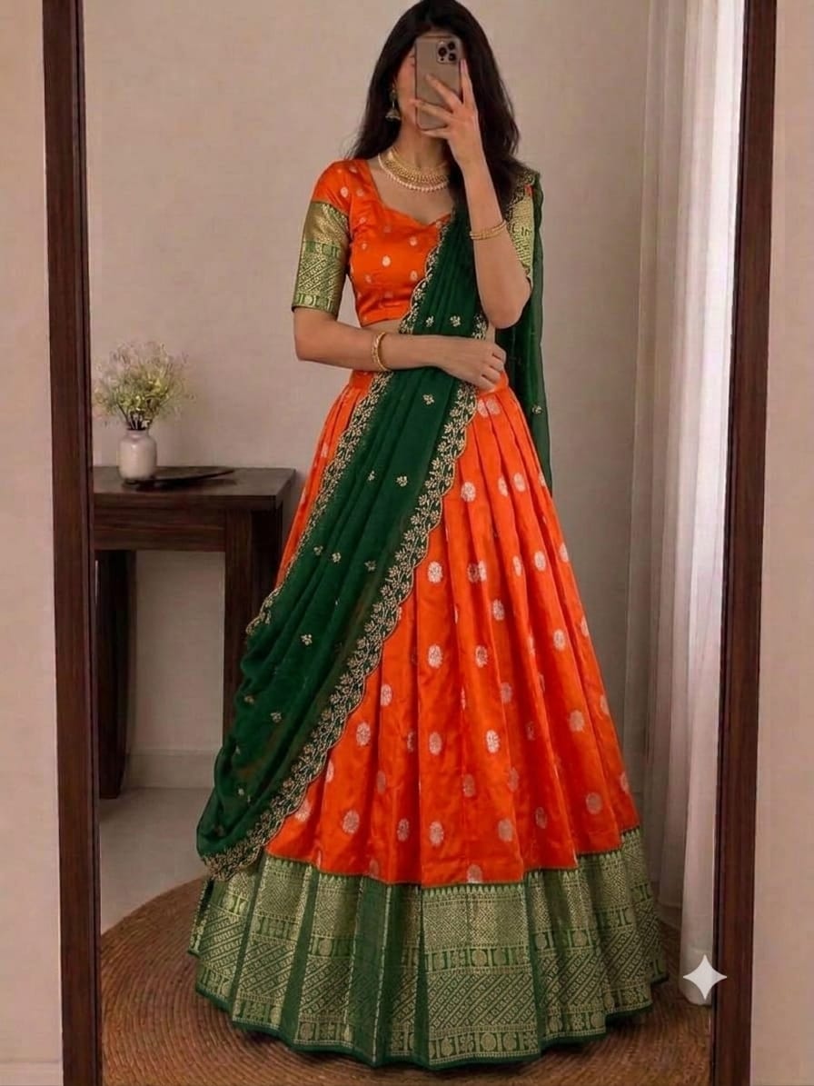 SM Kanjivaram Silk Zari Weaving South Style Lehenga Choli Set with Cutwork Dupatta