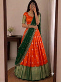 SM Kanjivaram Silk Zari Weaving South Style Lehenga Choli Set with Cutwork Dupatta