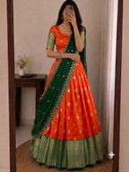SM Kanjivaram Silk Zari Weaving South Style Lehenga Choli Set with Cutwork Dupatta