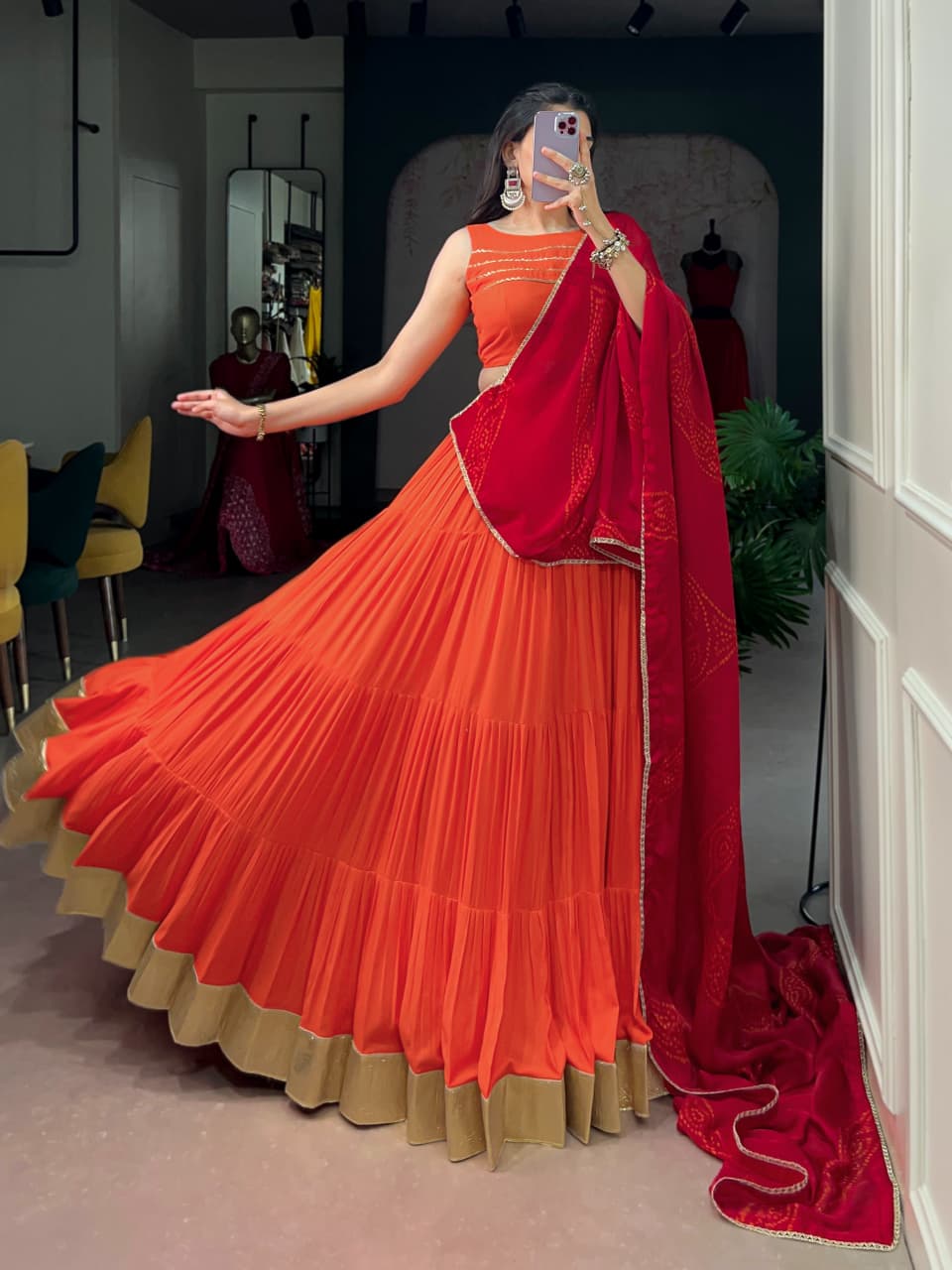 SM Grand Flair Rayon Lehenga Choli Set with Embossed Lace & Satin Chiffon Dupatta