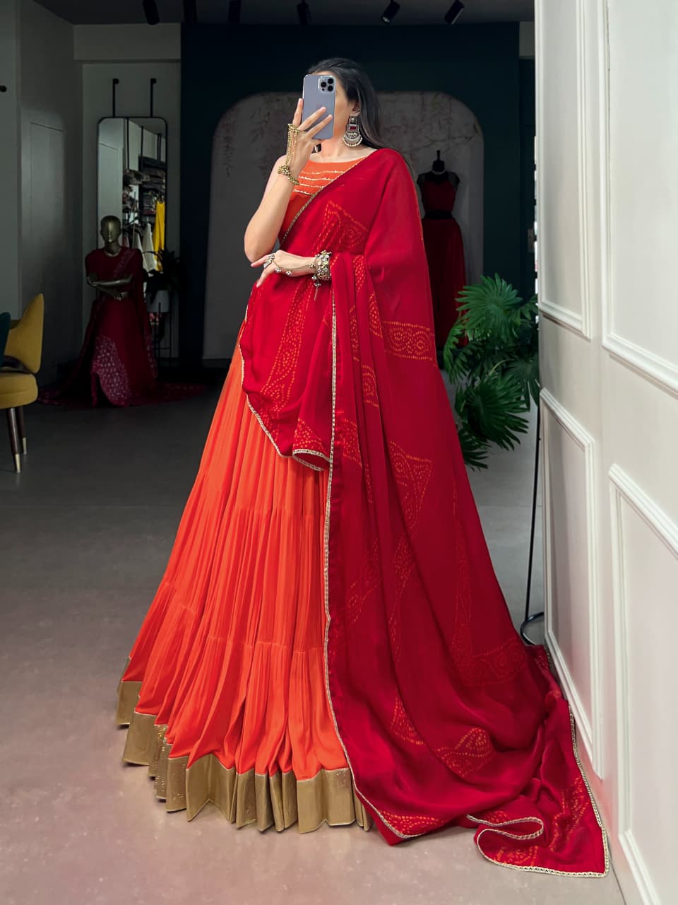 SM Grand Flair Rayon Lehenga Choli Set with Embossed Lace & Satin Chiffon Dupatta