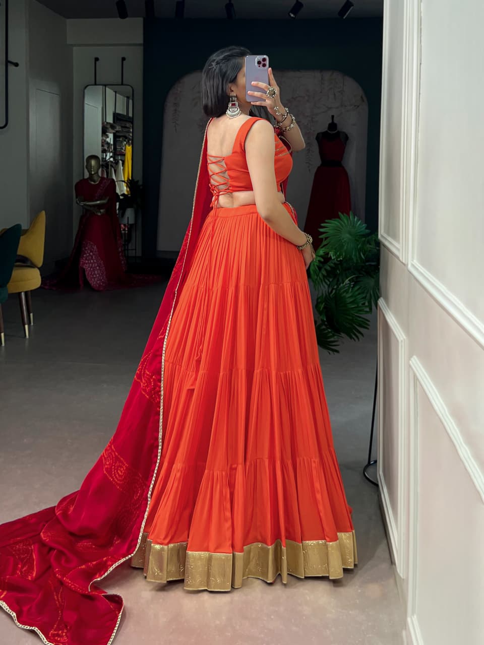 SM Grand Flair Rayon Lehenga Choli Set with Embossed Lace & Satin Chiffon Dupatta
