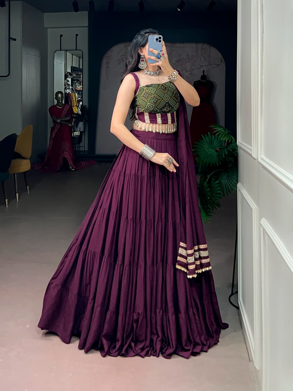 SM Grand Flair Pure Rayon Bandhej Print Navratri Lehenga Set with Kodi Lace