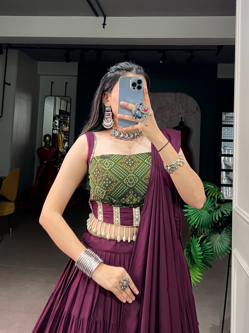 SM Grand Flair Pure Rayon Bandhej Print Navratri Lehenga Set with Kodi Lace