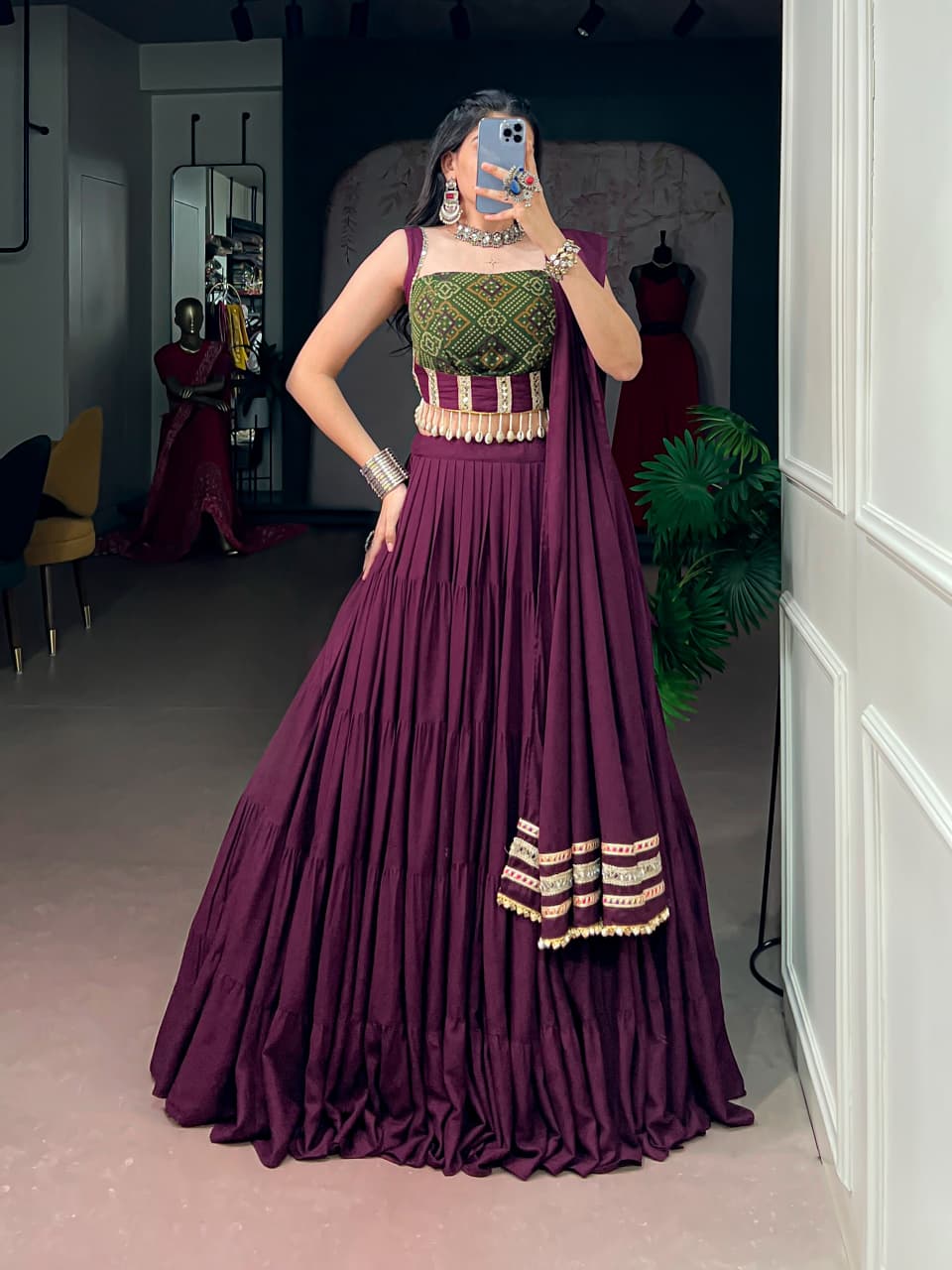 SM Grand Flair Pure Rayon Bandhej Print Navratri Lehenga Set with Kodi Lace