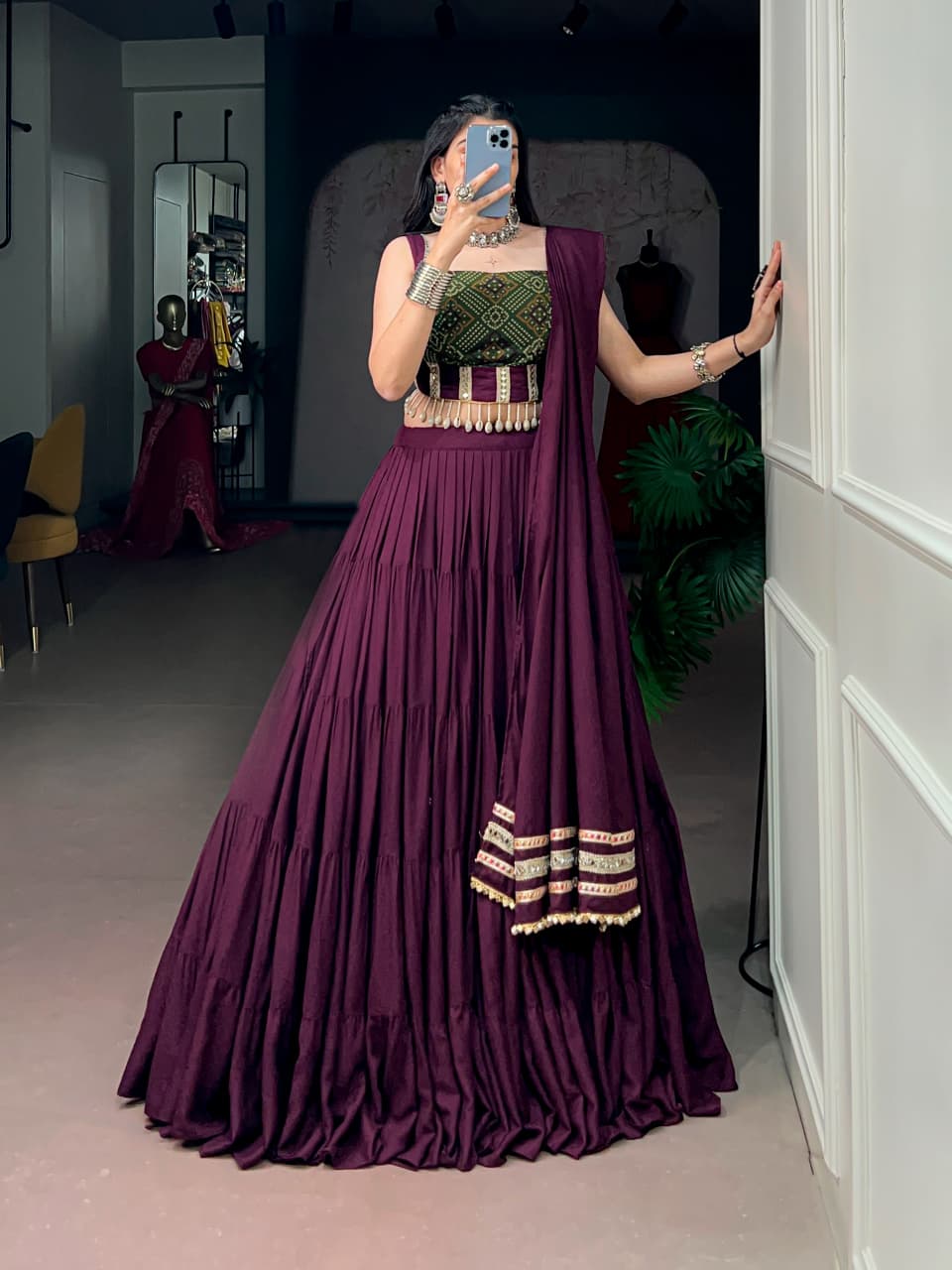 SM Grand Flair Pure Rayon Bandhej Print Navratri Lehenga Set with Kodi Lace