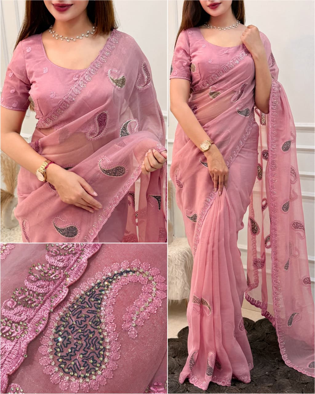 SM Melbourne Simmer Silk Saree With Kashmiri Thread Embroidery & Swarovski Diamond Work