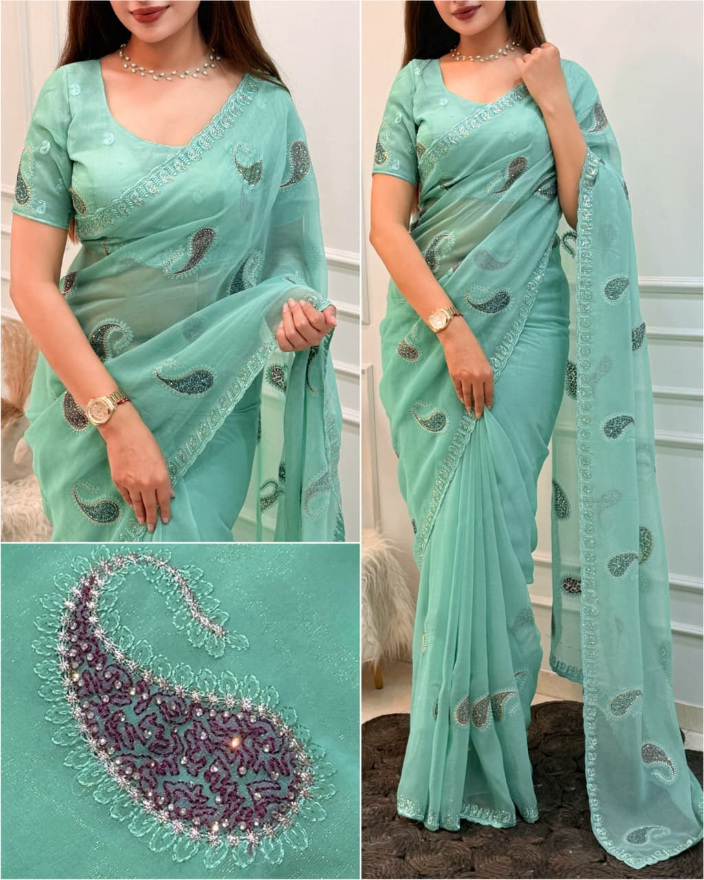 SM Melbourne Simmer Silk Saree With Kashmiri Thread Embroidery & Swarovski Diamond Work
