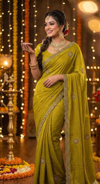 SM Heavy Pure Chiffon Fendi Silk Saree With Handwork Jarkan Stone Detailing
