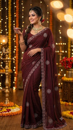 SM Heavy Pure Chiffon Fendi Silk Saree With Handwork Jarkan Stone Detailing
