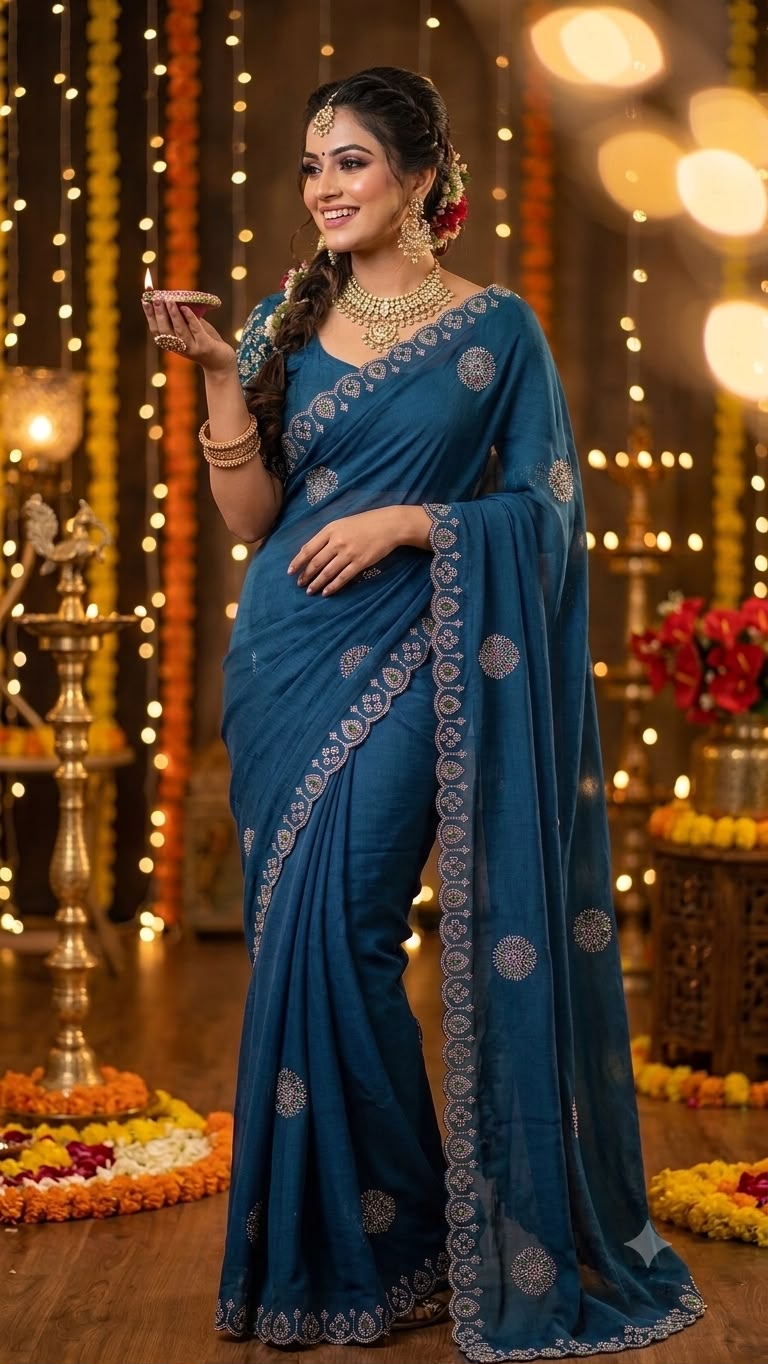 SM Heavy Pure Chiffon Fendi Silk Saree With Handwork Jarkan Stone Detailing