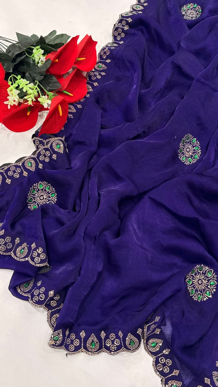 SM Heavy Pure Chiffon Fendi Silk Saree With Handwork Jarkan Stone Detailing