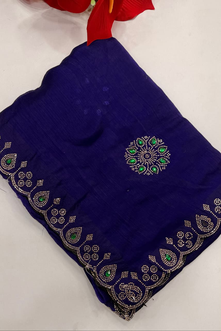 SM Heavy Pure Chiffon Fendi Silk Saree With Handwork Jarkan Stone Detailing