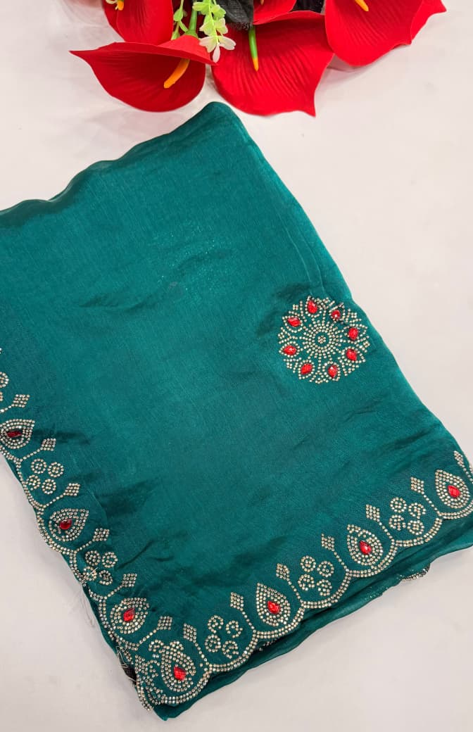SM Heavy Pure Chiffon Fendi Silk Saree With Handwork Jarkan Stone Detailing