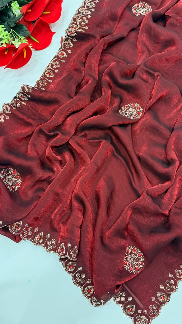 SM Heavy Pure Chiffon Fendi Silk Saree With Handwork Jarkan Stone Detailing