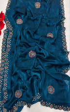 SM Heavy Pure Chiffon Fendi Silk Saree With Handwork Jarkan Stone Detailing