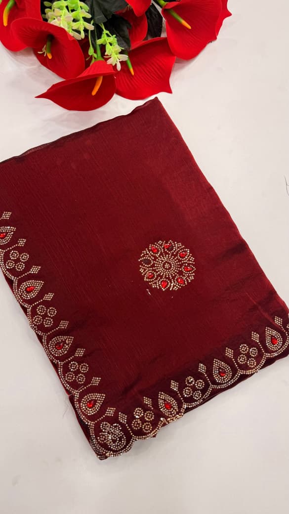 SM Heavy Pure Chiffon Fendi Silk Saree With Handwork Jarkan Stone Detailing
