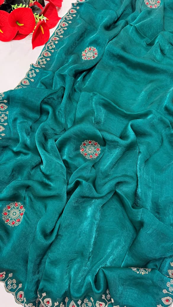 SM Heavy Pure Chiffon Fendi Silk Saree With Handwork Jarkan Stone Detailing