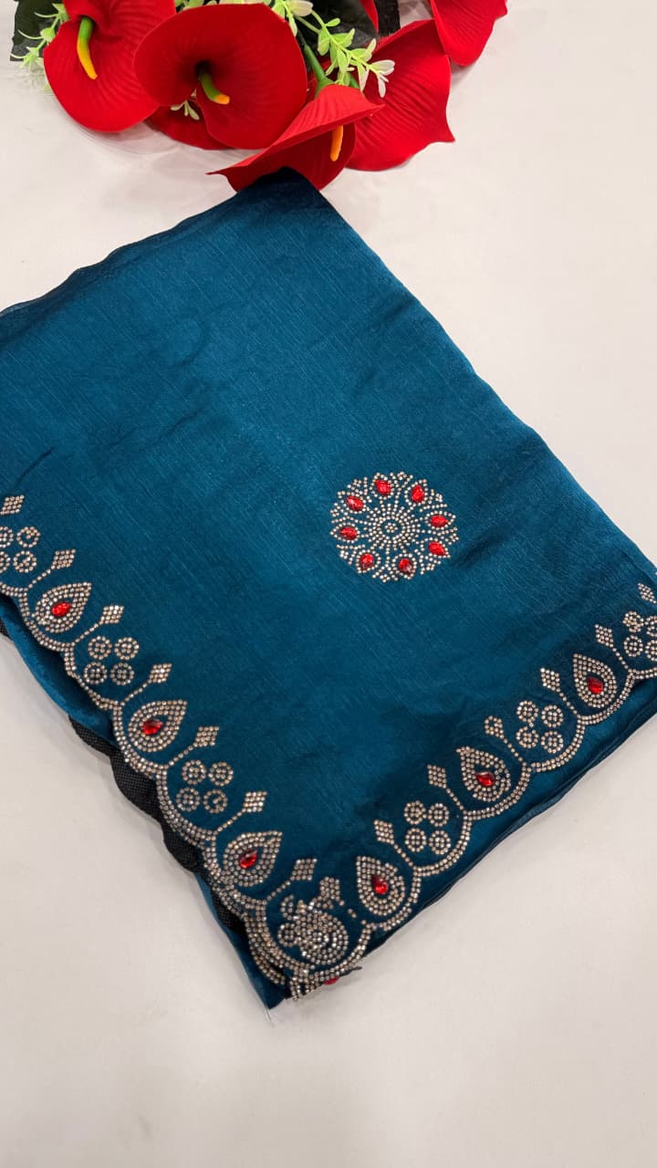 SM Heavy Pure Chiffon Fendi Silk Saree With Handwork Jarkan Stone Detailing