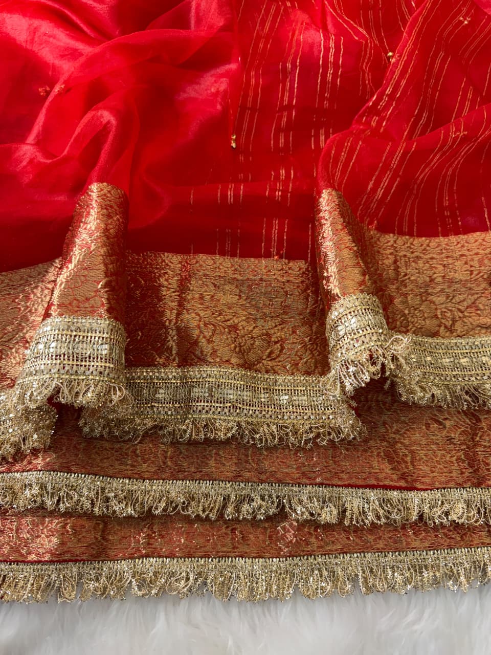 SM Karwa Chauth Special Pure Tissue Silk Saree With Jacquard Weave, Ghungroo Border & Lace Jalar Detailing