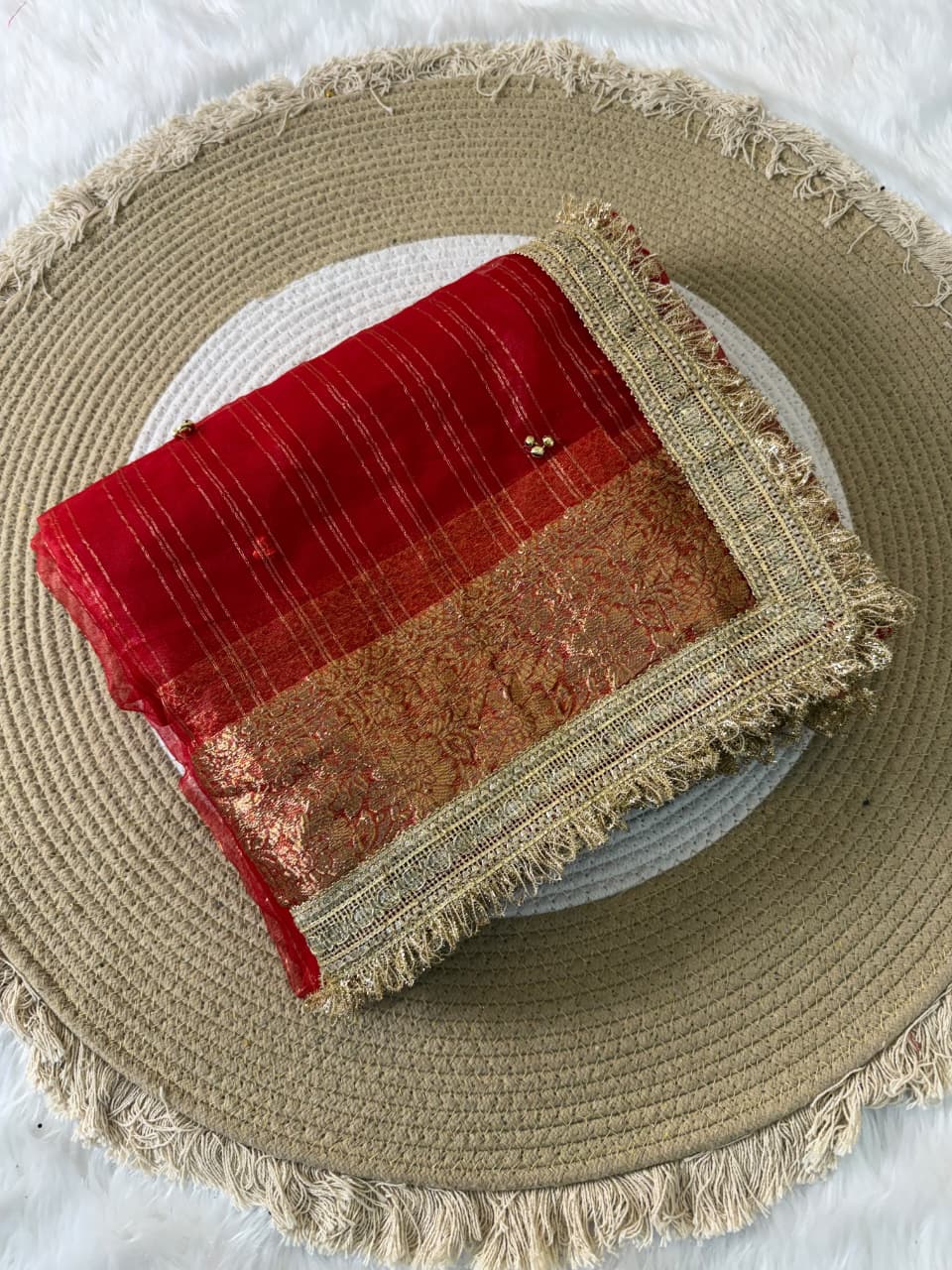 SM Karwa Chauth Special Pure Tissue Silk Saree With Jacquard Weave, Ghungroo Border & Lace Jalar Detailing