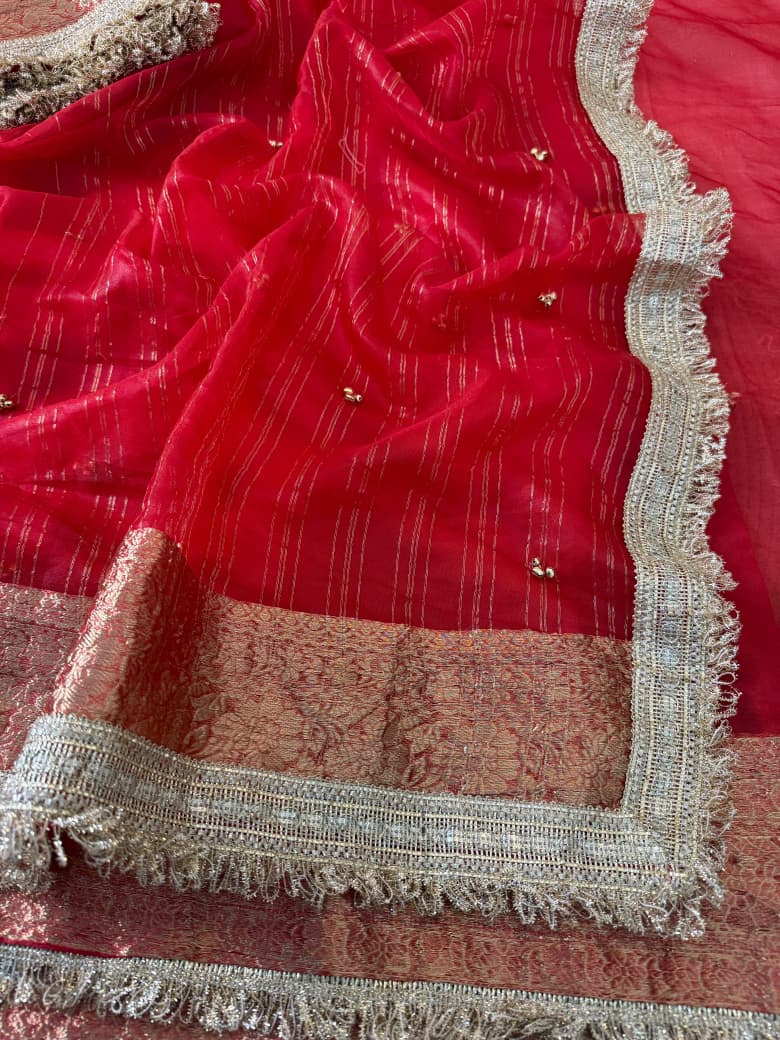 SM Karwa Chauth Special Pure Tissue Silk Saree With Jacquard Weave, Ghungroo Border & Lace Jalar Detailing