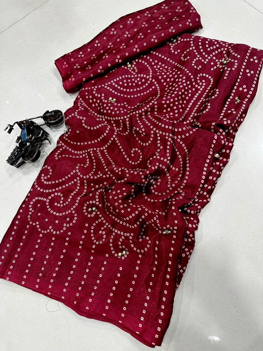 Pure Ajrakh Satin Crepe Silk Saree With Designer Ghungroo Work & Heavy Lace Pallu