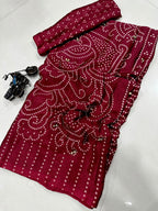 Pure Ajrakh Satin Crepe Silk Saree With Designer Ghungroo Work & Heavy Lace Pallu