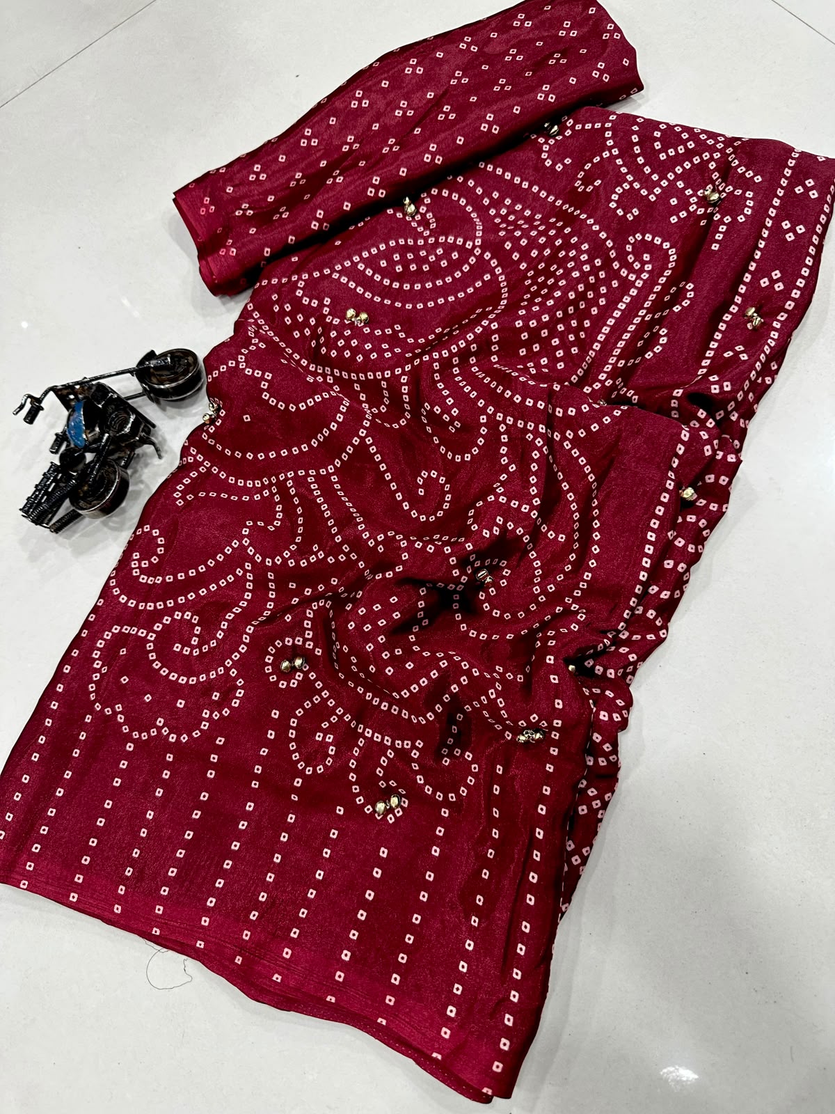 Pure Ajrakh Satin Crepe Silk Saree With Designer Ghungroo Work & Heavy Lace Pallu