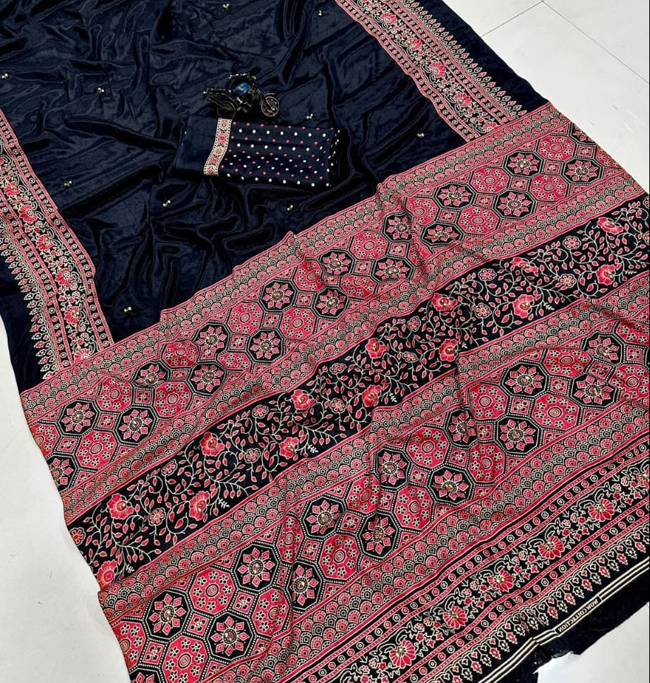 Pure Ajrakh Satin Crepe Silk Saree With Designer Ghungroo Work & Heavy Lace Pallu