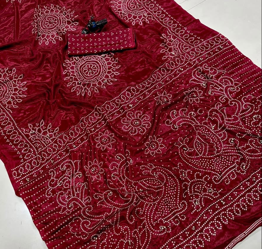 Pure Ajrakh Satin Crepe Silk Saree With Designer Ghungroo Work & Heavy Lace Pallu