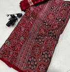 Pure Ajrakh Satin Crepe Silk Saree With Designer Ghungroo Work & Heavy Lace Pallu