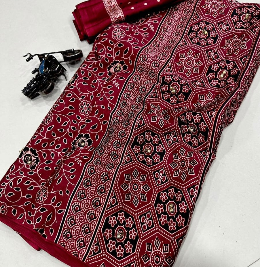 Pure Ajrakh Satin Crepe Silk Saree With Designer Ghungroo Work & Heavy Lace Pallu