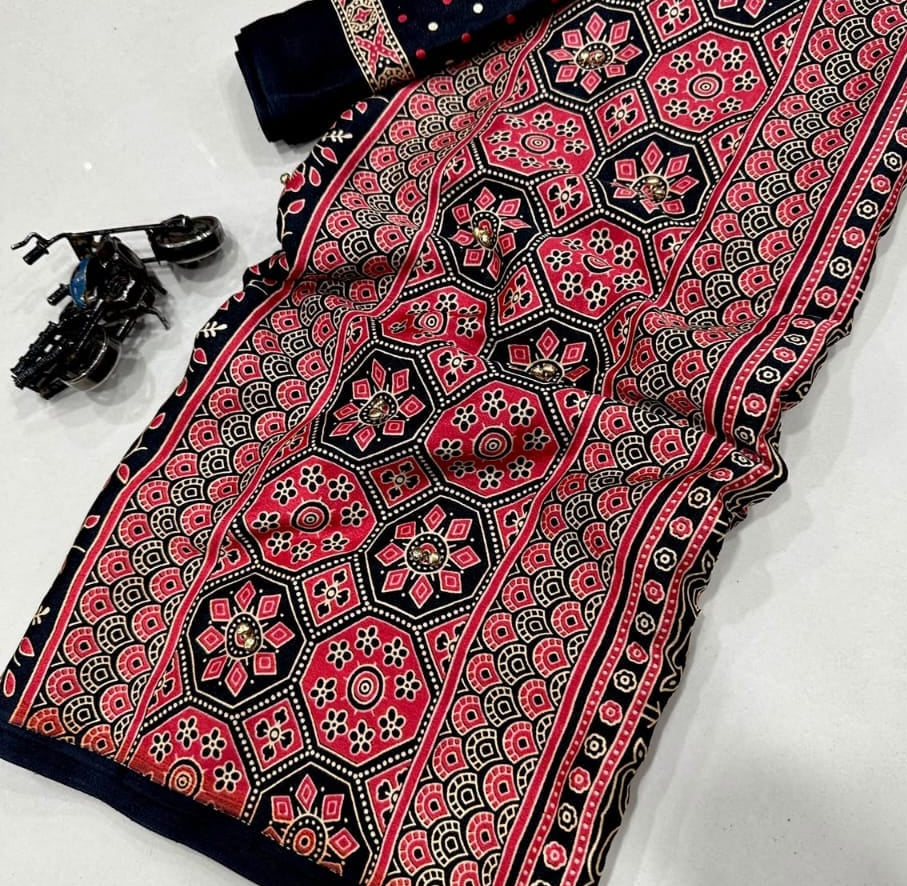 Pure Ajrakh Satin Crepe Silk Saree With Designer Ghungroo Work & Heavy Lace Pallu