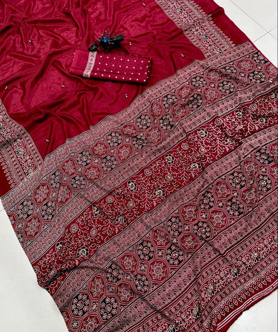 Pure Ajrakh Satin Crepe Silk Saree With Designer Ghungroo Work & Heavy Lace Pallu