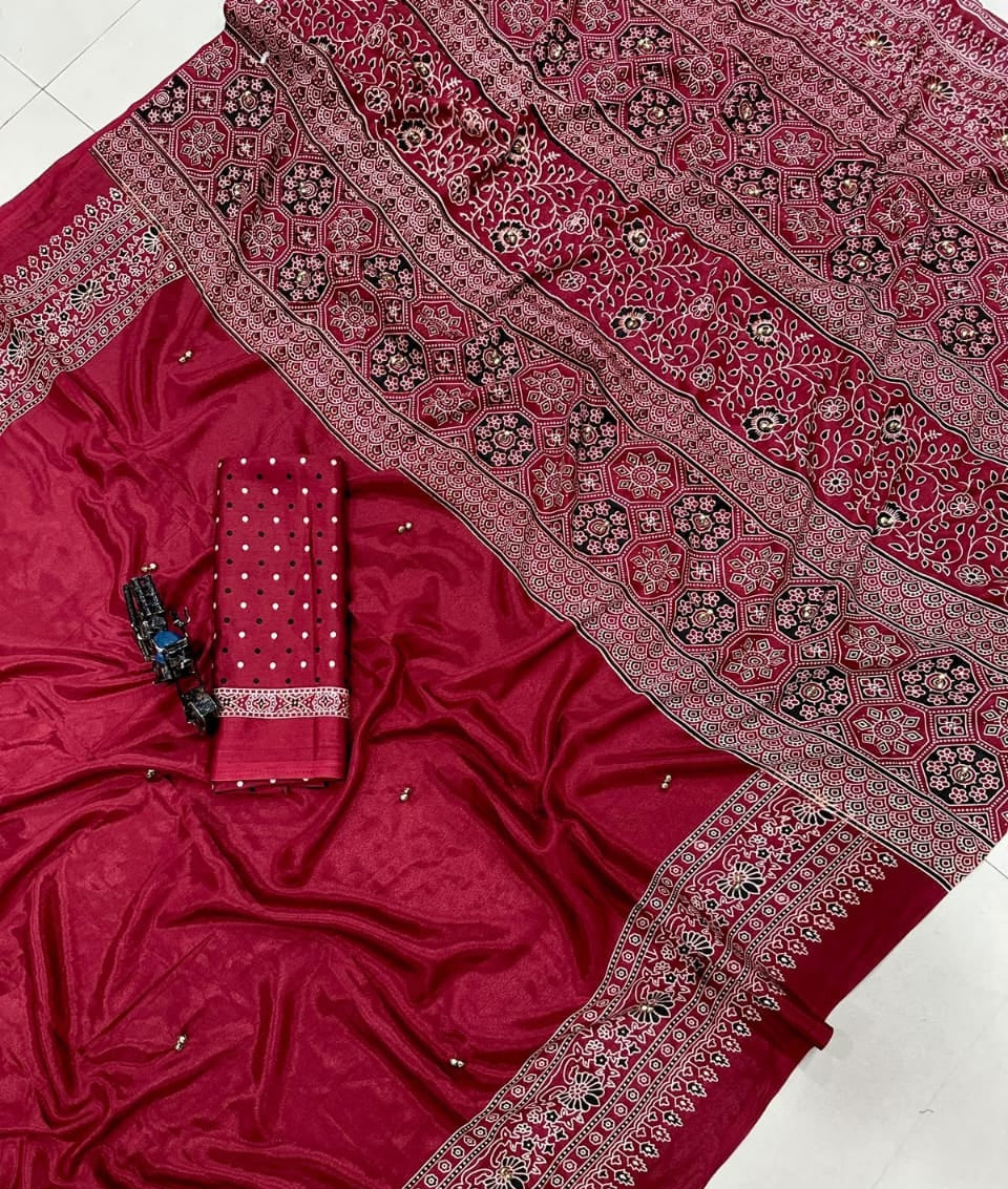 Pure Ajrakh Satin Crepe Silk Saree With Designer Ghungroo Work & Heavy Lace Pallu