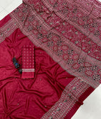 Pure Ajrakh Satin Crepe Silk Saree With Designer Ghungroo Work & Heavy Lace Pallu