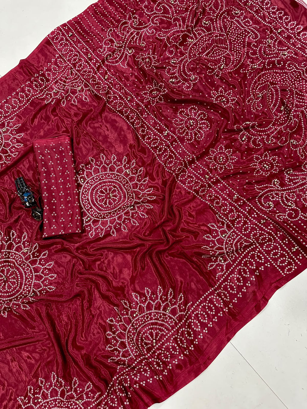 Pure Ajrakh Satin Crepe Silk Saree With Designer Ghungroo Work & Heavy Lace Pallu