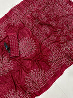 Pure Ajrakh Satin Crepe Silk Saree With Designer Ghungroo Work & Heavy Lace Pallu