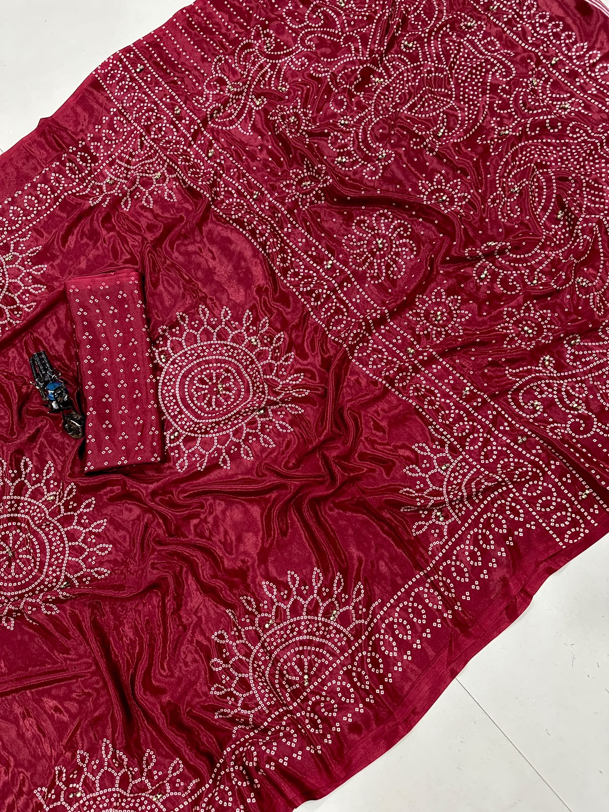 Pure Ajrakh Satin Crepe Silk Saree With Designer Ghungroo Work & Heavy Lace Pallu