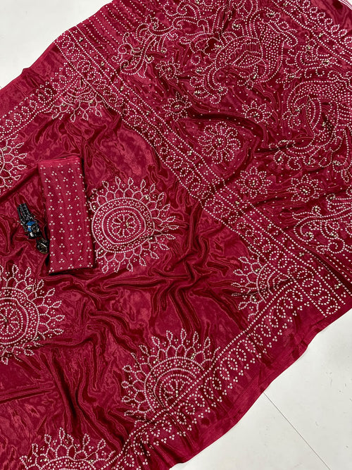 Pure Ajrakh Satin Crepe Silk Saree With Designer Ghungroo Work & Heavy Lace Pallu
