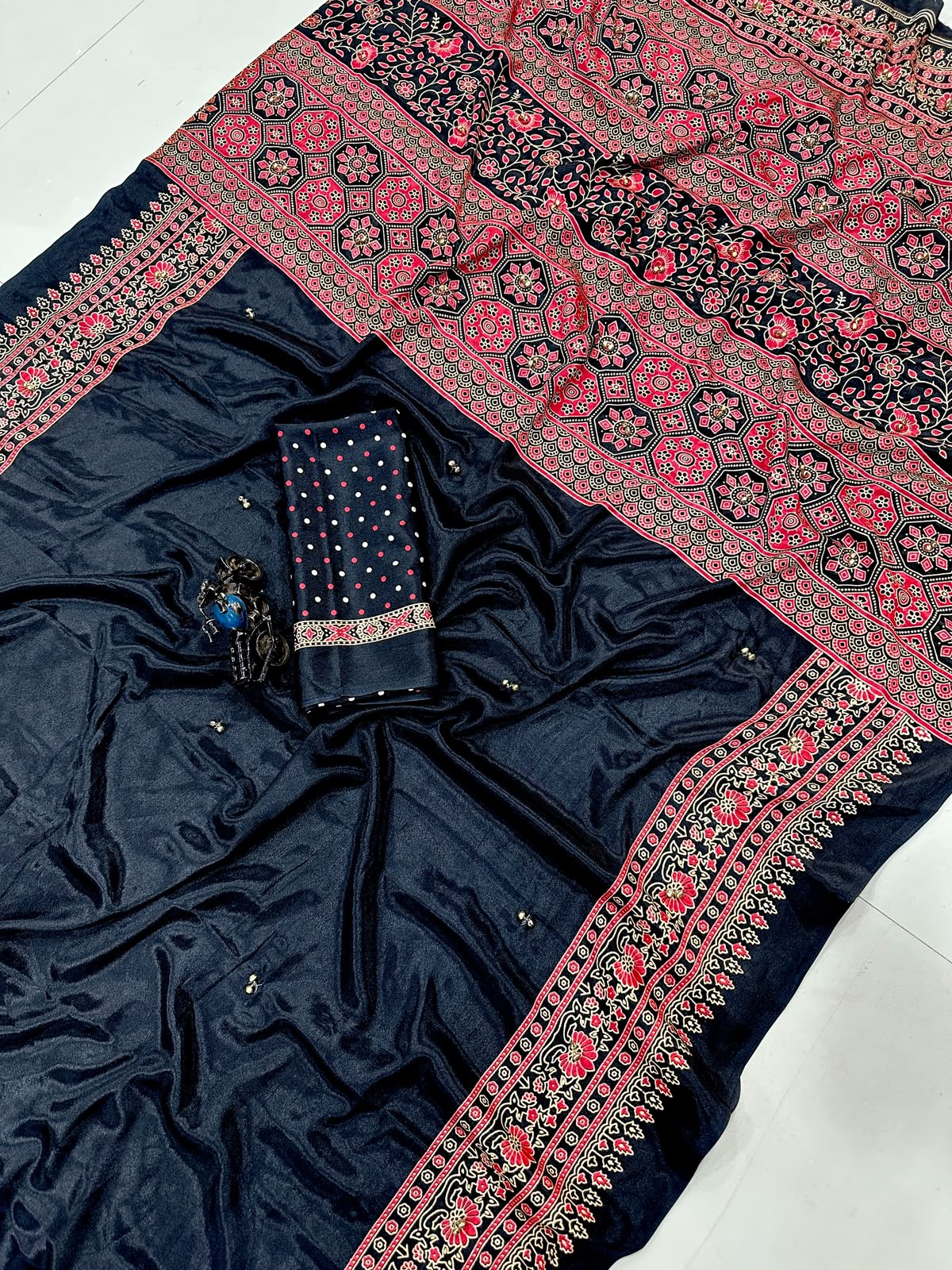 Pure Ajrakh Satin Crepe Silk Saree With Designer Ghungroo Work & Heavy Lace Pallu