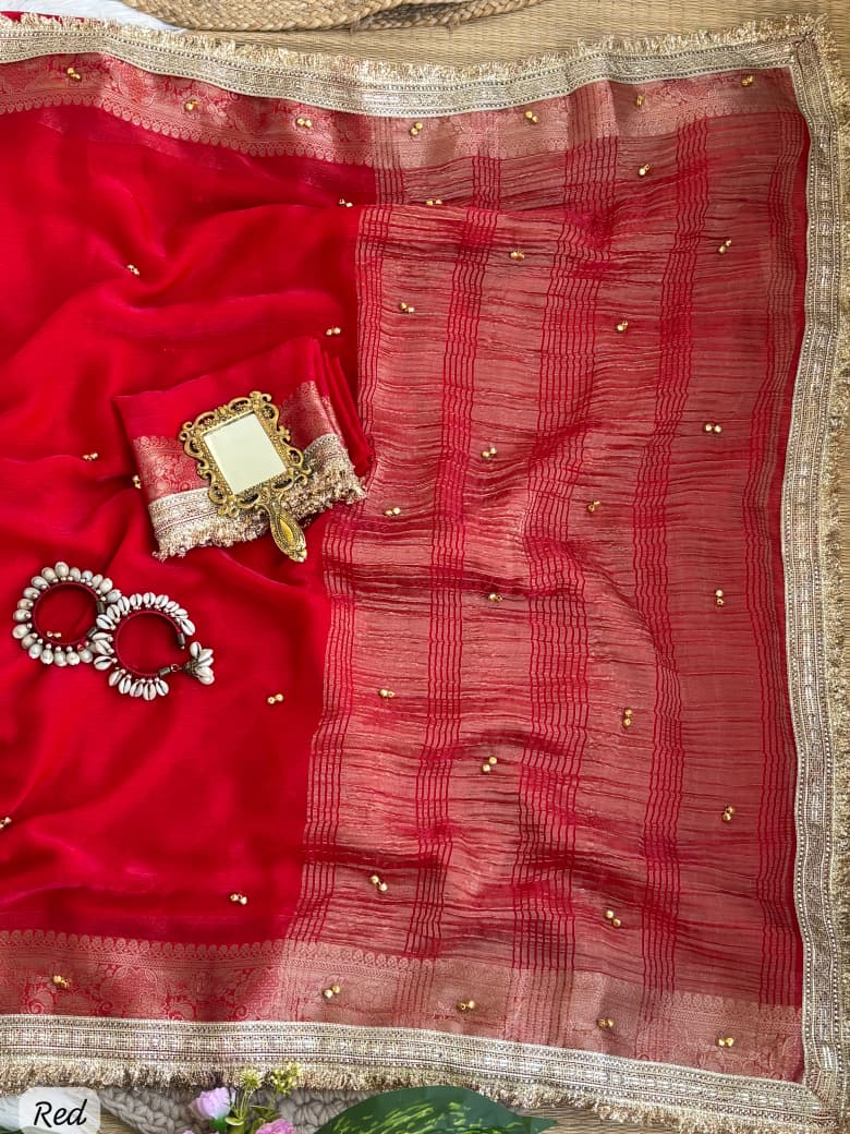 SM Designer Fendy Chiffon Party Wear Saree with Ghungroo Lace Work Blouse