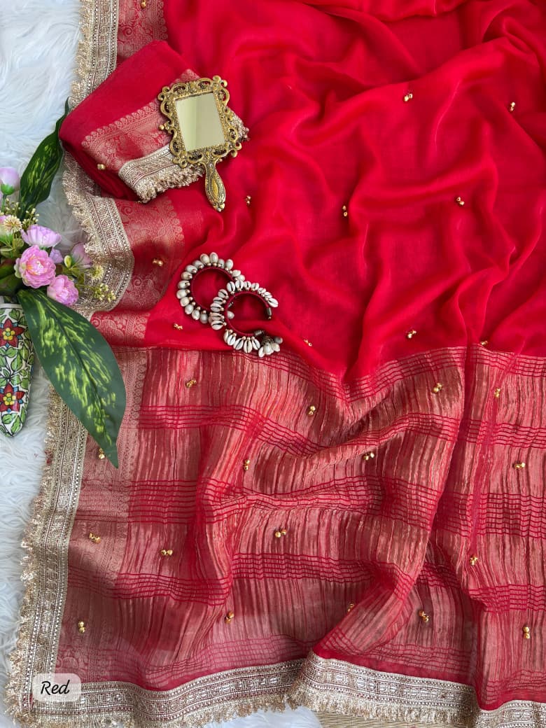 SM Designer Fendy Chiffon Party Wear Saree with Ghungroo Lace Work Blouse