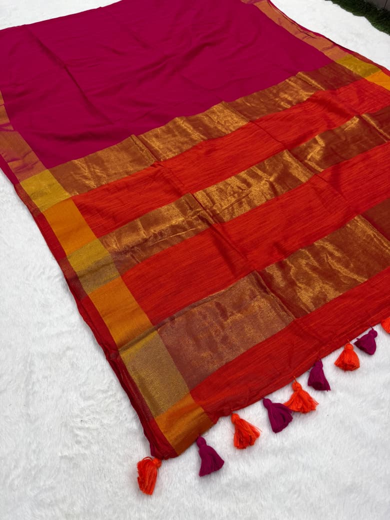 SM Festive Modal Cotton Saree with Contrast Blouse and Tassel Work