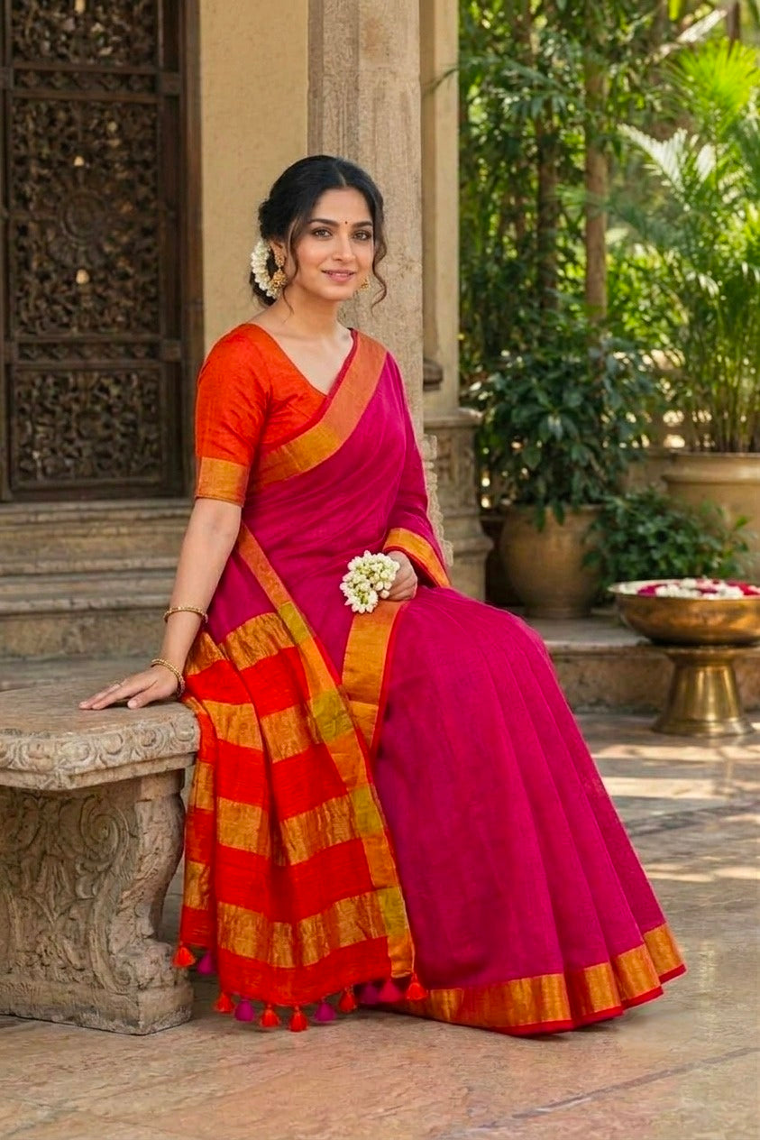 SM Festive Modal Cotton Saree with Contrast Blouse and Tassel Work