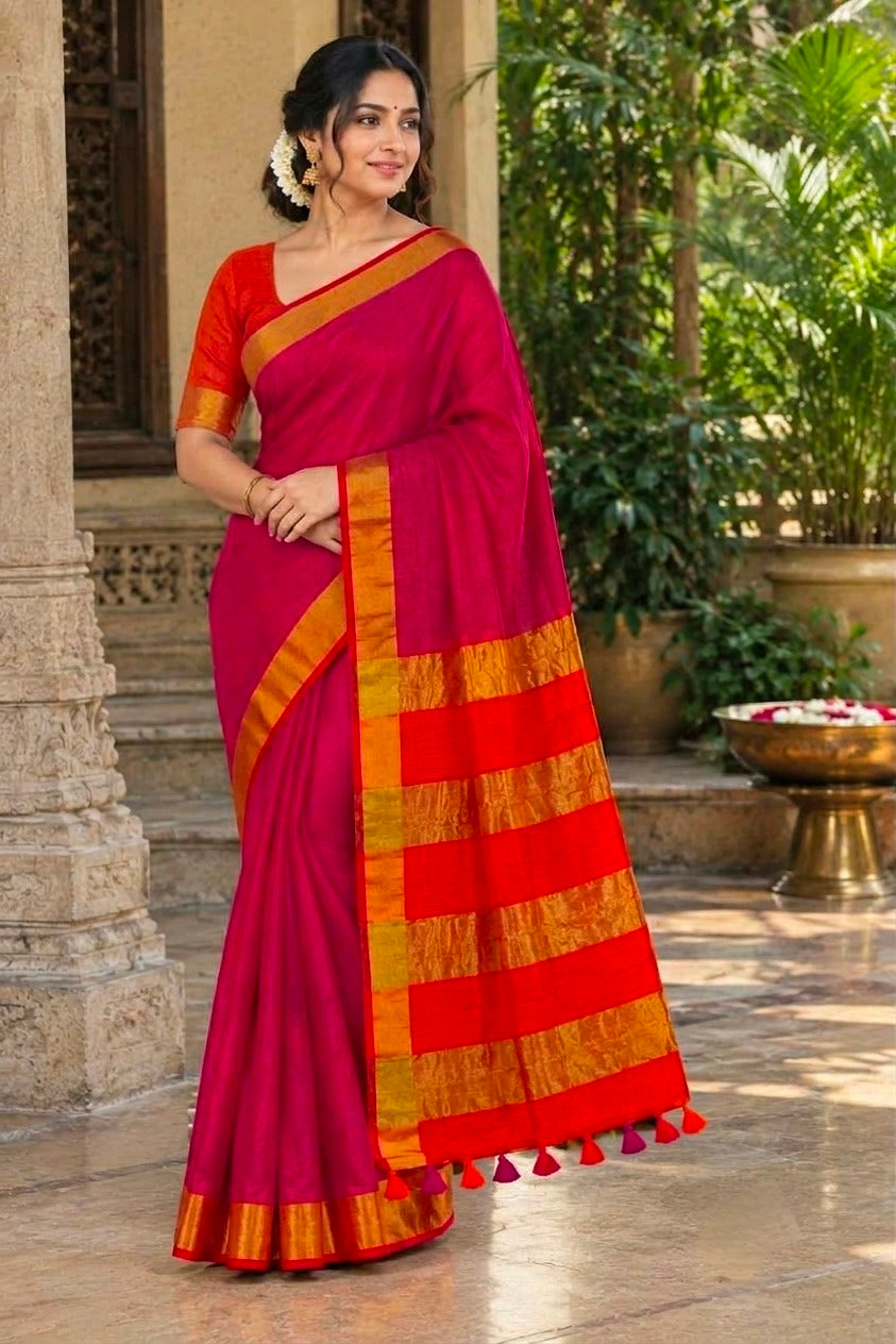 SM Festive Modal Cotton Saree with Contrast Blouse and Tassel Work