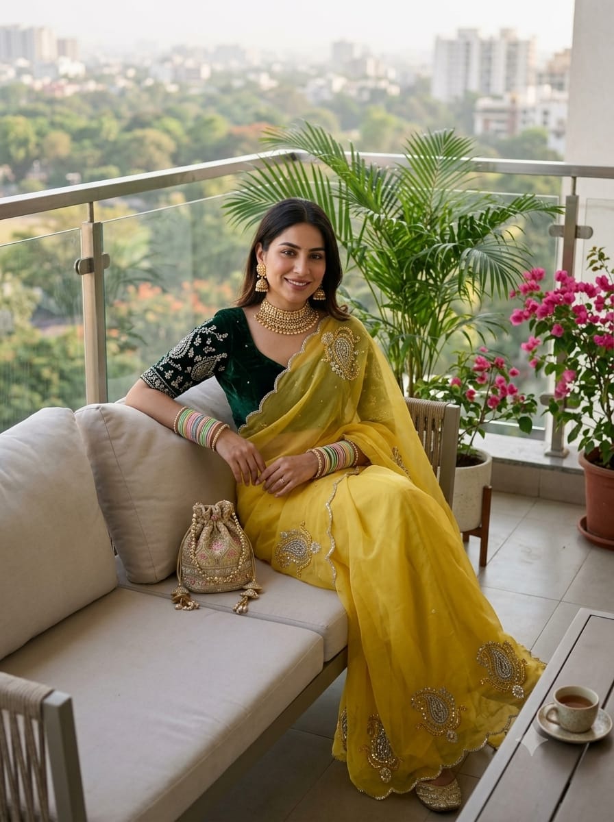 SM Maharani Pure Soft Shimmer Silk Saree with Hand Cutdana Moti Work and Velvet Blouse