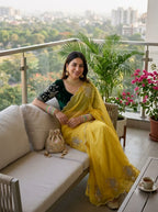 SM Maharani Pure Soft Shimmer Silk Saree with Hand Cutdana Moti Work and Velvet Blouse