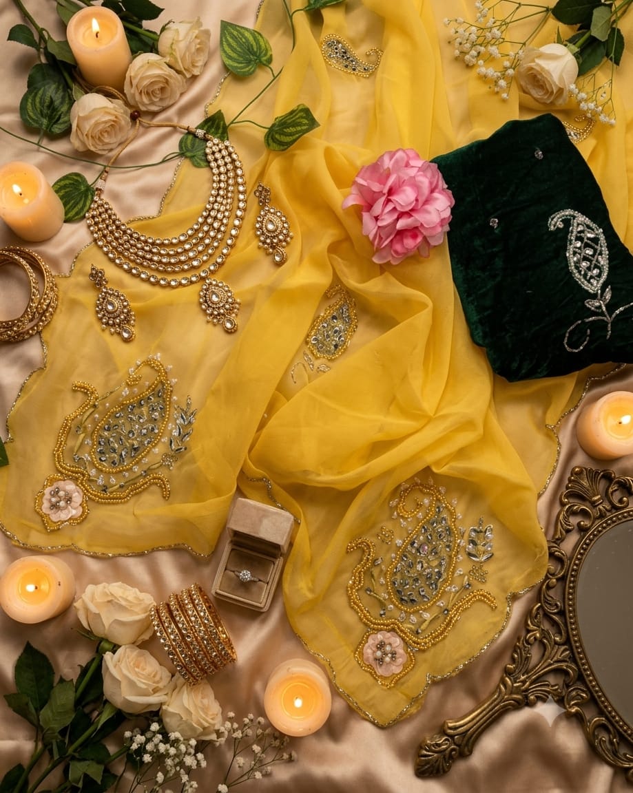 SM Maharani Pure Soft Shimmer Silk Saree with Hand Cutdana Moti Work and Velvet Blouse
